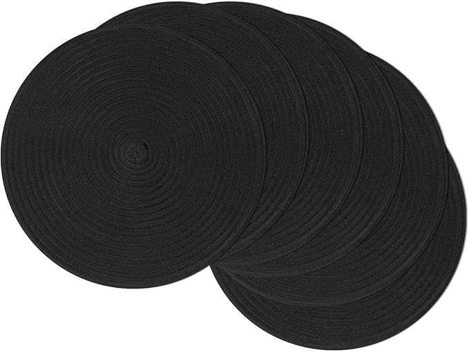 SHACOS Round Braided Placemats Set of 6 Cotton Polyester Heavy Duty 15 inch Round Table Mats Washable Heat Resistant Place Mats (Black, 6)