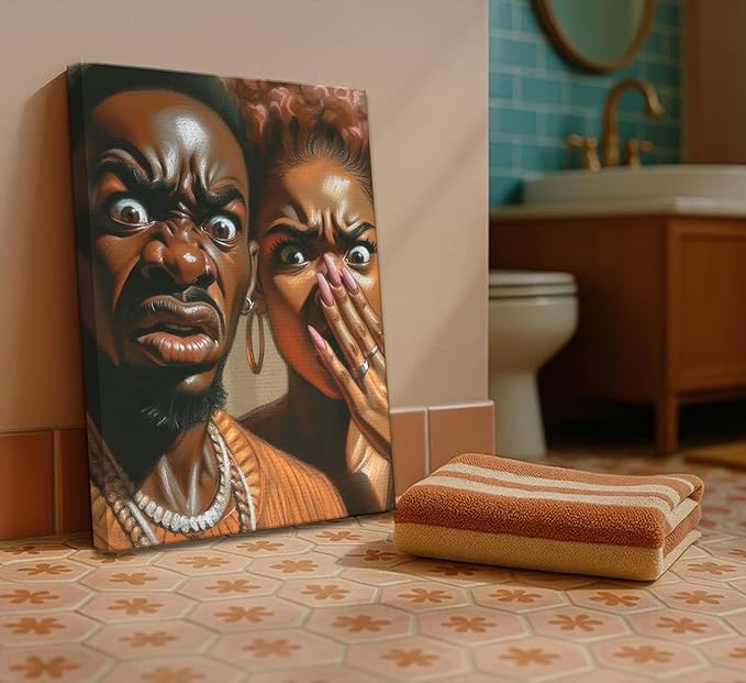 JASMIE Funny African American Bathroom Canvas Wall Art Humor Afrocentric Black Couple Unpleasant Smell Cover Nose Painting Pictures Wall Decor Print Artwork for Washroom Toilet Home Decoration