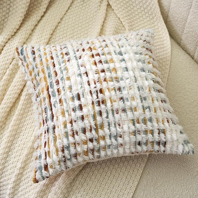Aeckself Boho Chenille Tufted Pillow Cover 18 x 18 Inch, Decorative Square Throw Pillow Cover Neutral Pillowcase for Couch Bedroom Living Room, Orange White