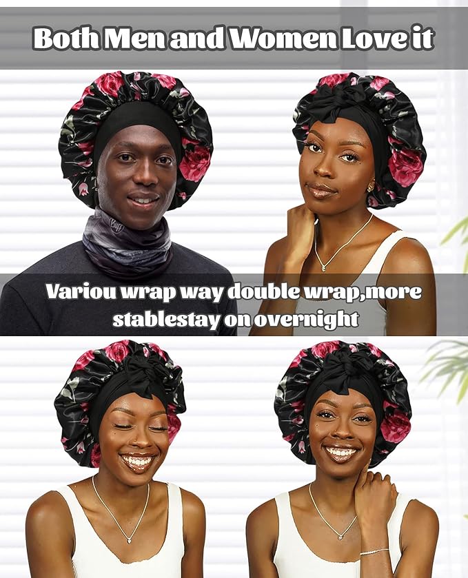 Satin Bonnet Silk Bonnet for Sleeping Silk Sleep Cap Double Layer Hair Bonnet with Elastic Tie Band for Curly Hair Night Cap (Black Flower + Black)