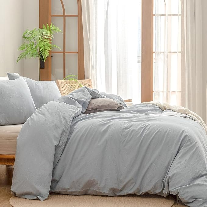 BESTOUCH Duvet Cover Set 100% Washed Cotton Linen Feel Super Soft Comfortable Chic Lightweight 3 PCs Home Bedding Set Solid Cornflower Blue Full/Double