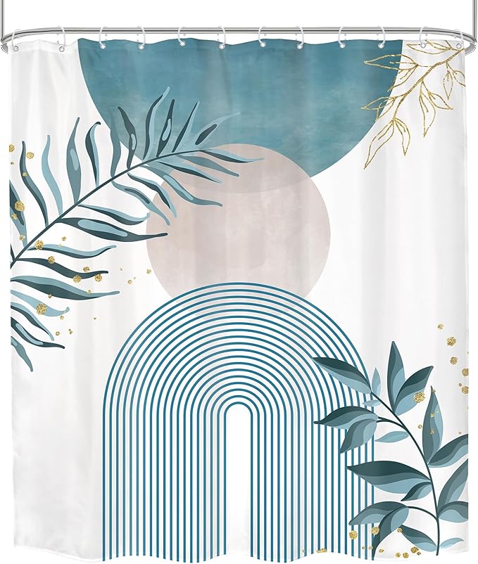 Green Boho Shower Curtain 60Wx72H Modern Abstract Bohemian Leaves Mid Century Minimalist Plant Bathroom Decor Arch Neutral Bath Curtain Fabric Polyester 12 Pack Hooks
