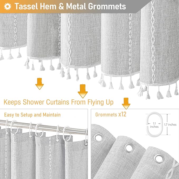 BTTN 80 Inch Long Shower Curtain - 72x80 Boho Chic Farmhouse Linen Thick Striped Fabric Shower Curtain Set with Plastic Hooks, Tall Rustic Country Luxury Cloth Shower Curtains for Bathroom - Grey