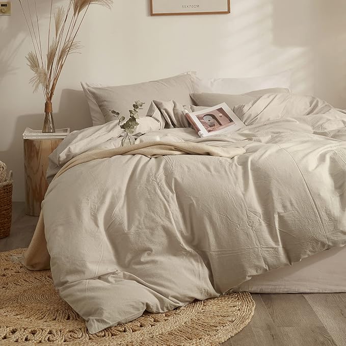AMWAN Solid Beige Duvet Cover Full Size Soft Washed Cotton Bedding Set Modern Style Boho Comforter Cover Solid Color 1 Full Duvet Cover with 2 Pillow Shams