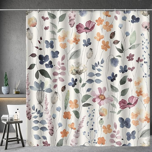 Aimego Spring Floral Shower Curtain -Colorful Watercolor Ink Flowers Plant Summer Nature Botanical Fabric Cloth Bath Shower Curtain Set with 12 Hooks for Bathroom Decor Accessories, 72"x72"