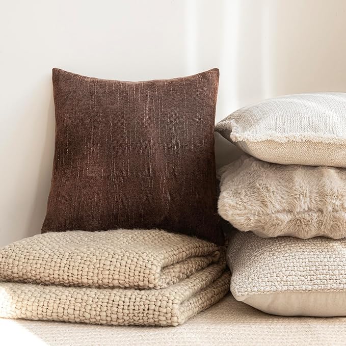 Foindtower Pack of 2 Soft Textured Chenille Throw Decorative Pillow Covers Square Accent Solid Cushion Cover Cozy Neutral Farmhouse Pillow Case for Couch Sofa Bedroom Living Room 16x16 Inch,Red Brown