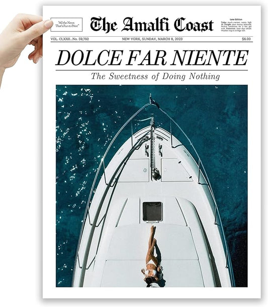 EcoHest UnframedTrendy Newspaper Dolce Far Niente Wall Art, 12x16 in OAK Wood La Dolce Vita Canvas Art, Magazine Italian Summer Headline Print Decor, Beige Logs Set of 1 for Bedroom Living Room