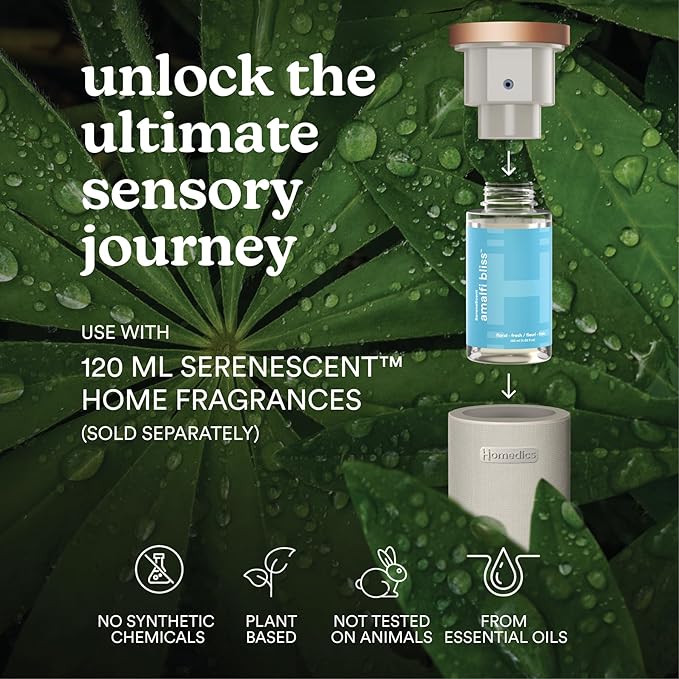 Homedics SereneScent Fabric Rechargeable Waterless Diffuser, Use with Homedics SereneScent Oil 120ml (Sold Separately) Cordless Aromatherapy, Adjustable Mist & Timer, 6 Calming Lights, Grey