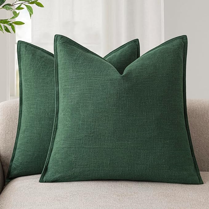 Foindtower Set of 2, Decorative Linen Soild Throw Pillow Covers Soft Accent Euro Cushion Case Farmhouse Neutral Pillowcase for Chair Couch Sofa Bedroom Living Room Home Decor 24 x 24 Inch Pine Green
