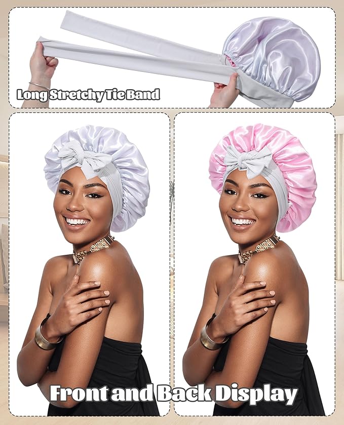 Satin Bonnet Silk Bonnet for Sleeping Silk Sleep Cap Double Layer Hair Bonnet with Elastic Tie Band for Curly Hair Night Cap (Light silver+Pink)