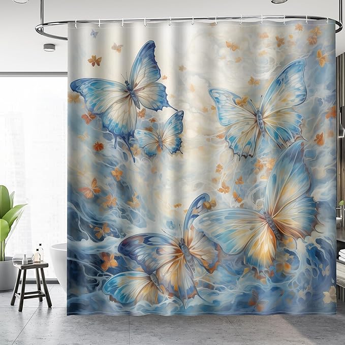 Aimego Long Butterfly Shower Curtain - Blue Burnt Orange Butterflies Watercolor Oil Painting Spring Summer Shower Curtain Set with 12 Hooks for Bathroom Decor Accessories Bathtub Curtain, 72"x78"
