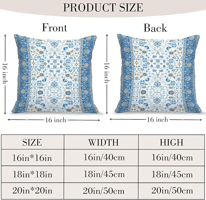 Boho Floral Throw Pillow Covers 16x16 inch Set of 2,Blue Boho Rug Geometric Floral Pattern Decor Double Sided Pattern Cushion Cover Soft Pillow Case Living Sofa Room Bed Square Pillow Cover