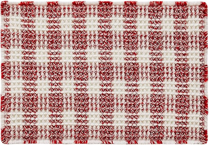 Waffle Bath Mat, Boho Bathroom Rugs Non Slip Washable Absorbent Checkered Bathroom Mat Quick Dry Cute Bath Mat, 36"x24" Red and White