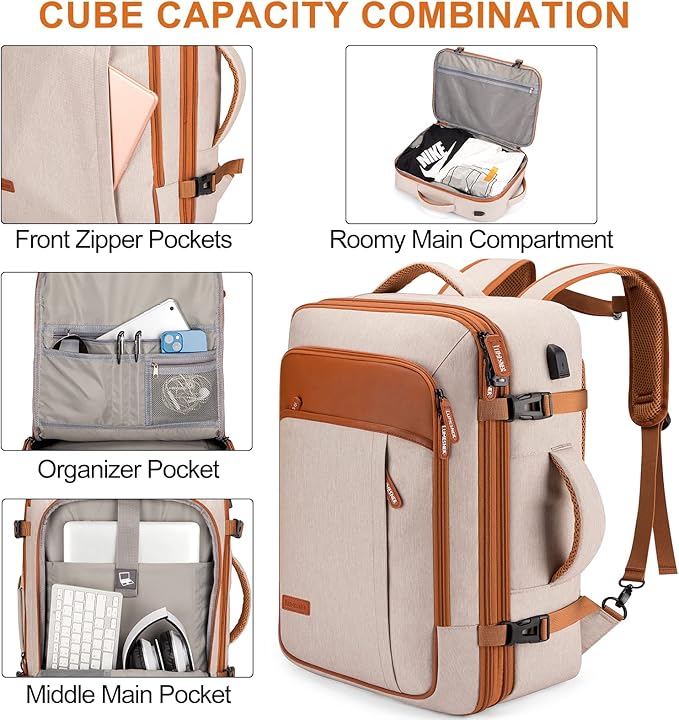 Carry on Travel Backpacks, Extra Large 40L Flight Approved Bag for Men & Women,Expandable Suitcase Backpack With 4 Packing Cubes,Water Resistant Luggage Daypack Business Weekender Bag,Beige