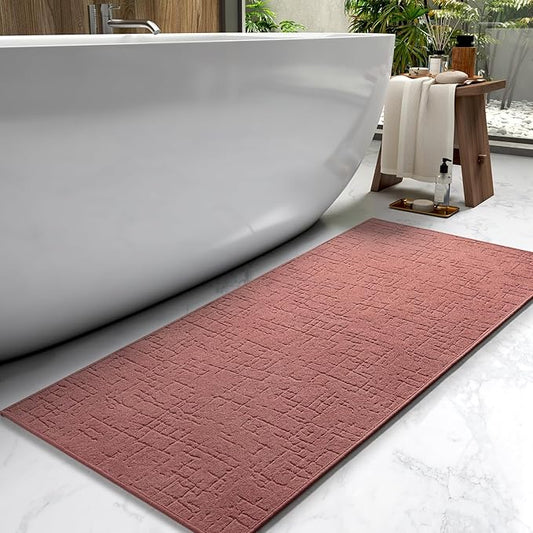 AMOAMI-Bath Mat-Absorbent Quick Dry Bathroom Floor Mats-Washable Rubber Backing Bath Mats for Bathroom Rugs Fit Under Door-Bath Rug for in Front of Sink Bathtub Shower Room, Rose 17''x59''