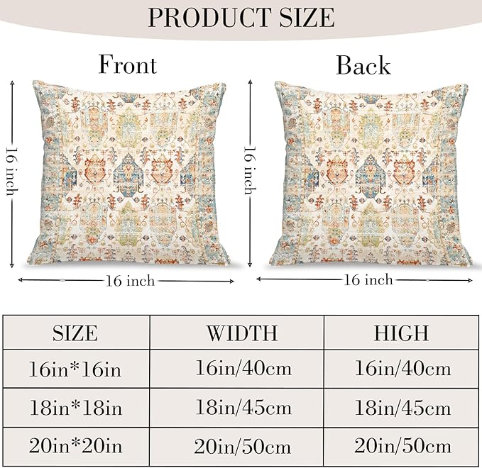 Boho Floral Throw Pillow Covers 16x16 inch Set of 2,Beige Boho Rug Geometric Floral Pattern Decor Double Sided Pattern Cushion Cover Soft Pillow Case Living Sofa Room Bed Square Pillow Cover