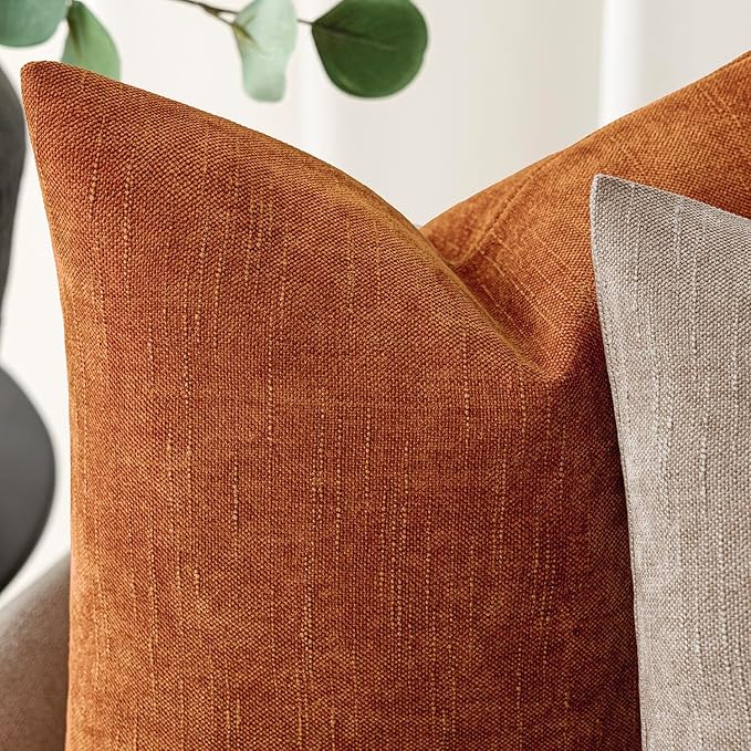Foindtower Pack of 2 Soft Textured Chenille Throw Decorative Pillow Covers Square Accent Solid Cushion Cover Cozy Neutral Farmhouse Pillow Case for Couch Sofa Bedroom Living Room 24x24 Inch,Orange