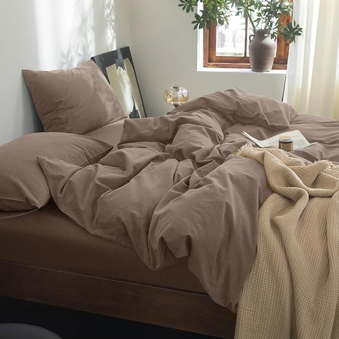 FOSSA Duvet Cover Set 100% Washed Cotton Linen Feel Super Soft Breathable Cozy 3 Pieces Bedding Sets Solid Pale Brown Oversized King Plus