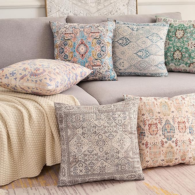 Boho Floral Throw Pillow Covers 18x18 inch Set of 2,Grey Boho Rug Geometric Floral Pattern Decor Double Sided Pattern Cushion Cover Soft Pillow Case Living Sofa Room Bed Square Pillow Cover