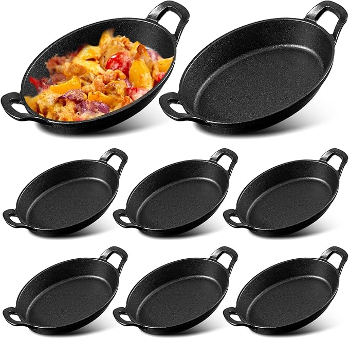Mifoci 8 Pcs Oval Serving Dish Mini Cast Iron Skillet Cast Iron Baking Pan Sizzling Plate Matte Black Gratin Cookware for Home Restaurant Kitchen Food Service Barbecue (10.8 x 6.1 Inch)