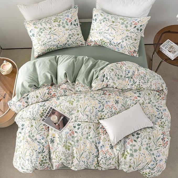 mixinni Flower Duvet Cover Twin XL Size, Sage Green Floral Duvet Cover Soft Cotton Cute Wildflower Green Leaves Print Cotton Bedding Duvet Cover Set Zipper&Ties, 1 Duvet Cover and 2 Pillowcases