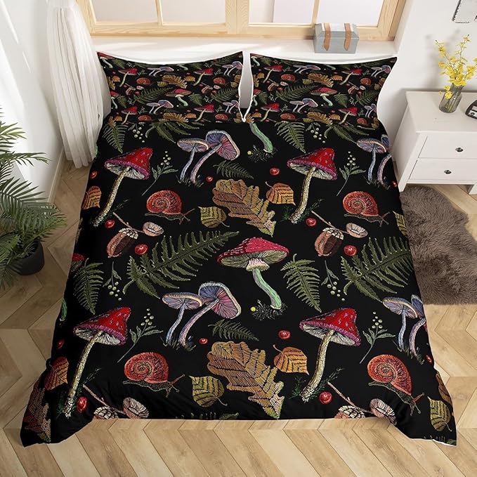 Wild Mushroom Duvet Cover Set Burgundy Plant Fall Thanksgiving Leaves Bedding Set for Kids Farmhouse Style Snail Print Comforter Cover Soft Polyester Quilt Cover 2 Pillow Case Full,No Comforter