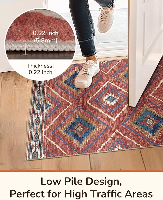 Area Rug 2x6 Rug Machine Washable Non-Slip Low Pile Print Pattern Western Rug for Living Room Bedroom Entryway Tribal Series -Red/Orange