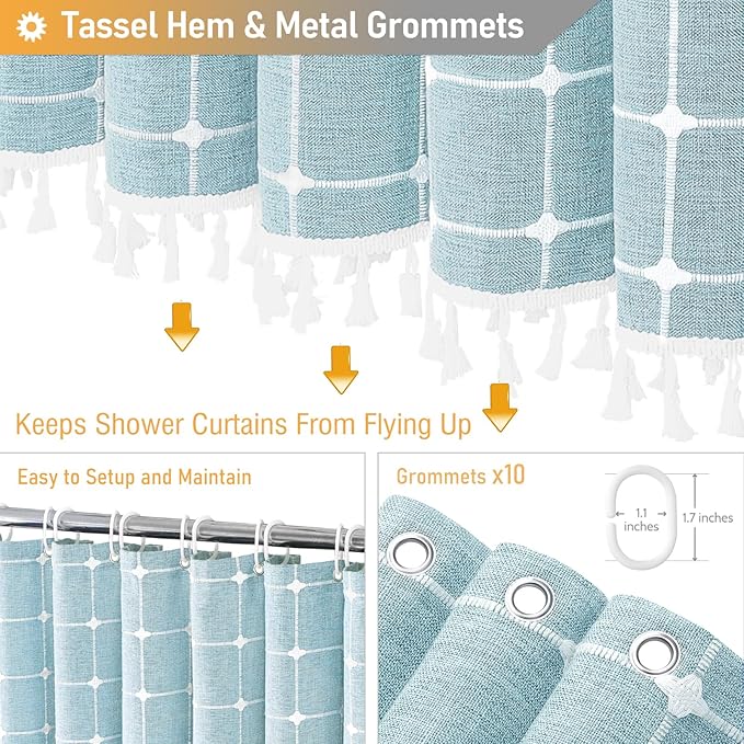BTTN Stall Fabric Shower Curtain - 54x78 Inch Boho Linen Heavy Duty Tassel Shower Curtain Set with 10 Hooks, Narrow Rustic Modern Farmhouse Neutral Cloth Thick Shower Curtains for Bathroom - Fog Blue
