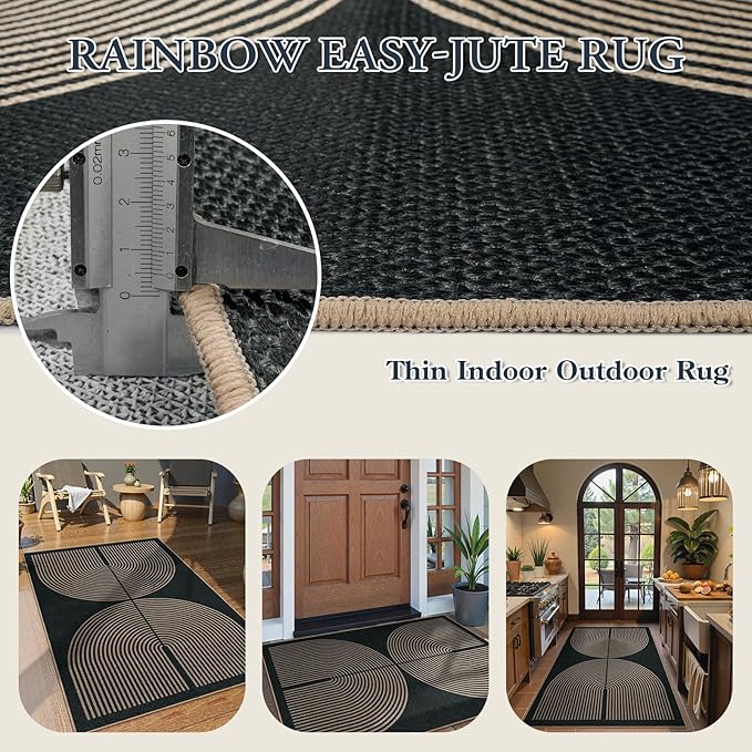 Lahome Modern Rainbow Easy Jute Outdoor Patio Rug, 3x5 Black Washable Rugs for Entryway Office Farmhouse Classroom Carpet, Contemporary Non Slip Front Door Mat for Porch Guestroom Room Decor