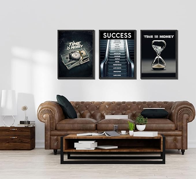 3Pcs Time Is Money Wall Art Paintings Office Wall Decor Pictures Inspirational Quotes Posters Prints Road to Success Canvas Paintings of Man Cave Living Room Bedroom Office Decor unframed