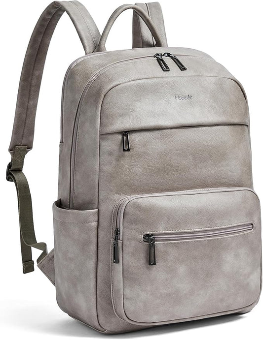 Leather Laptop Backpack for Women 15.6 Inch Laptop Travel Backpack Purse Casual Daypack with Laptop Compartment for College Work Nurse Business Weekender, Grey