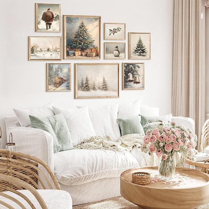 ASTRDECOR Vintage Christmas Wall Art, 9-Piece Winter Holiday Poster Set, Santa, Snowman, Pine Tree Prints for Cozy Xmas Room Décor, Largest 11"x14", Multi Sizes, Christmas Picture Decorations Unframed