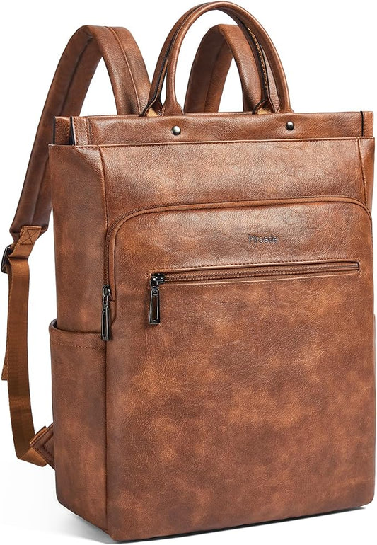 Leather Laptop Backpack for Women, Travel Backpack Purse Fits 15.6 Inch Laptop, Casual Daypack with Laptop Compartment for Teachers College Work Business Nurse Weekender, Brown