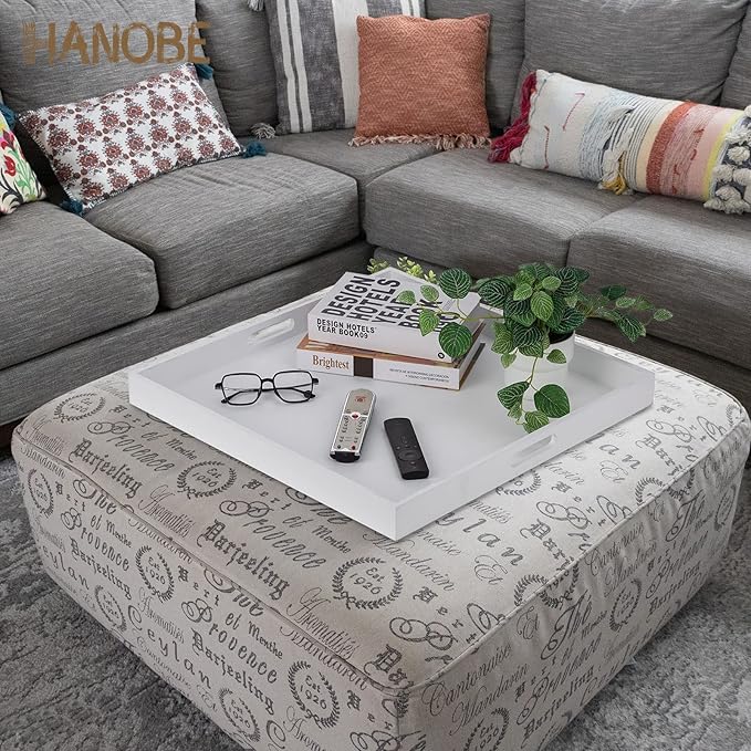 Hanobe Square Large Ottoman Tray: Modern Extra Large White Serving Decorative Trays with Cutout Handles for Living Room Coffee Table Home, 20"