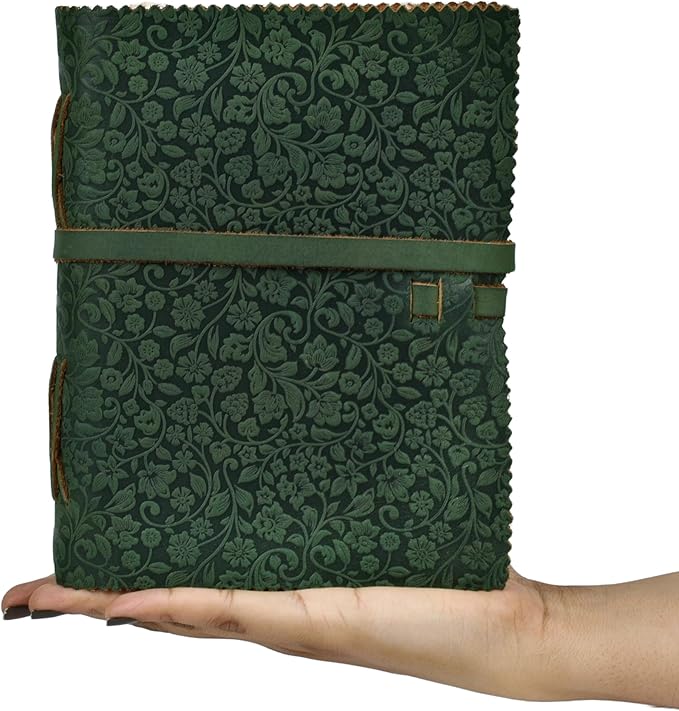 LEATHER VILLAGE Leather Bound Floral Embossed Journal for Women Men - 200 Pages, 6”X4”(A6), Green - Book of Shadows, Vintage Blank Paper Travel Diary, Notebook for Writing, Drawing, Sketchbook