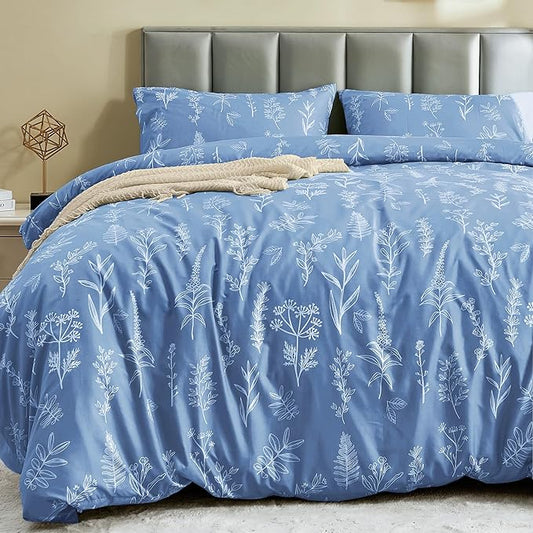 MUXHOMO Duvet Cover Queen Size, Reversible Floral Ice Blue Duvet Cover Set with Zipper Closure, 3 Pieces Botanical Patterns Soft Microfiber Bedding Set with 4 Ties (90"x90", 2 Pillow Cases)
