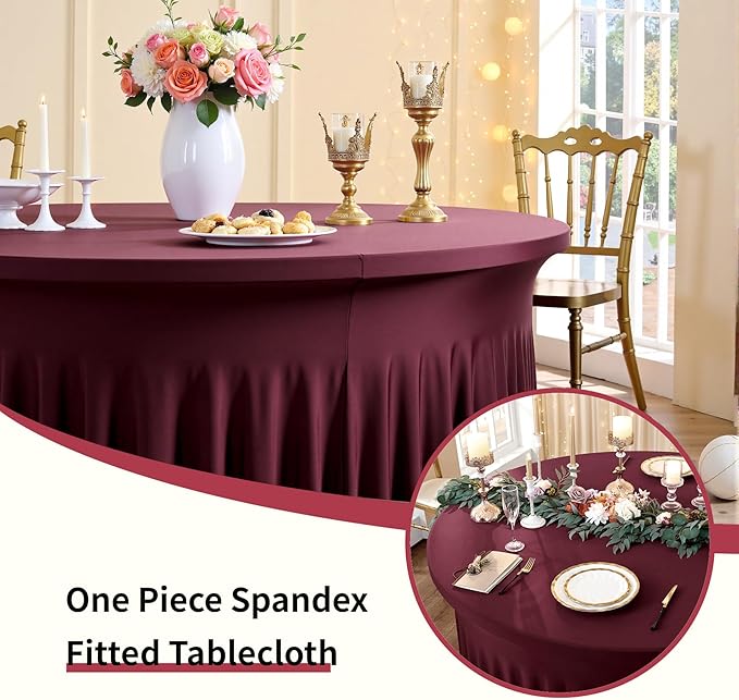 Outpain 6 Pack 72inch Burgundy Spandex Round Tablecloths, Stretchy 132inch Fitted 6FT Round Table Cloths, Wrinkle Free Table Cover with Skirt for Wedding Party Dining Banquet