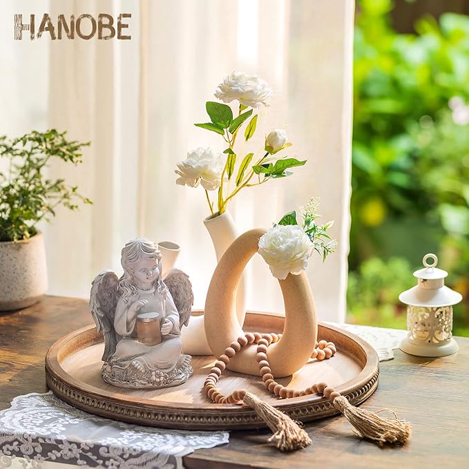 Hanobe Large Round Decorative Tray: Coffee Table Beaded Trays Rustic Wood Trays Decor Farmhouse Ottoman Circle Vintage Centerpiece Wooden Serving for Living Room Home for Counter, Brown