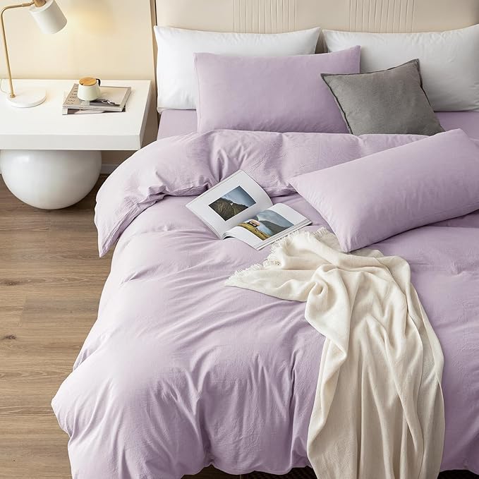 JIYUAN 100% Washed Cotton Duvet Cover Set 2 Pieces Twin, 1 Duvet Cover 68x90 Inches(Comforter Not Included) and 1 Pillowcase,Linen Like Comfy and Breathable,Heathered Light Purple