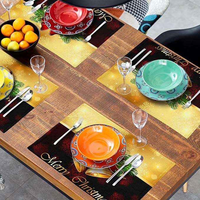 Giwawa Merry Christmas Placemats Set of 4, Winter Snowflakes Xmas Jingle Bell Red Bow Table Place Mats for Kitchen Dining Holiday Party Decor, Heat Resistant Non-Slip Washable, 12x18 Inch