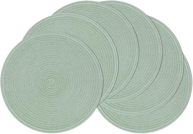 SHACOS Round Placemats Set of 6 Washable 15 inch Round Table Mats Cotton Polyester Woven Braided Place Mats for Dining Table, Sage Green