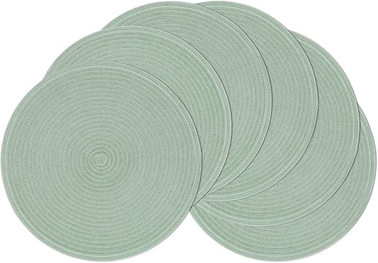 SHACOS Round Placemats Set of 6 Washable 15 inch Round Table Mats Cotton Polyester Woven Braided Place Mats for Dining Table, Sage Green