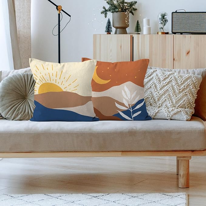 HIWX Boho Pillow Covers, Boho Sun Moon Mountains Decorative Pillowcase Throw Pillow Cover 18x18,Boho Throw Pillows,Boho Sun Desert for Sofa Bed Room Home Bedroom Decor Set of 2 Pillow Case（Orange）