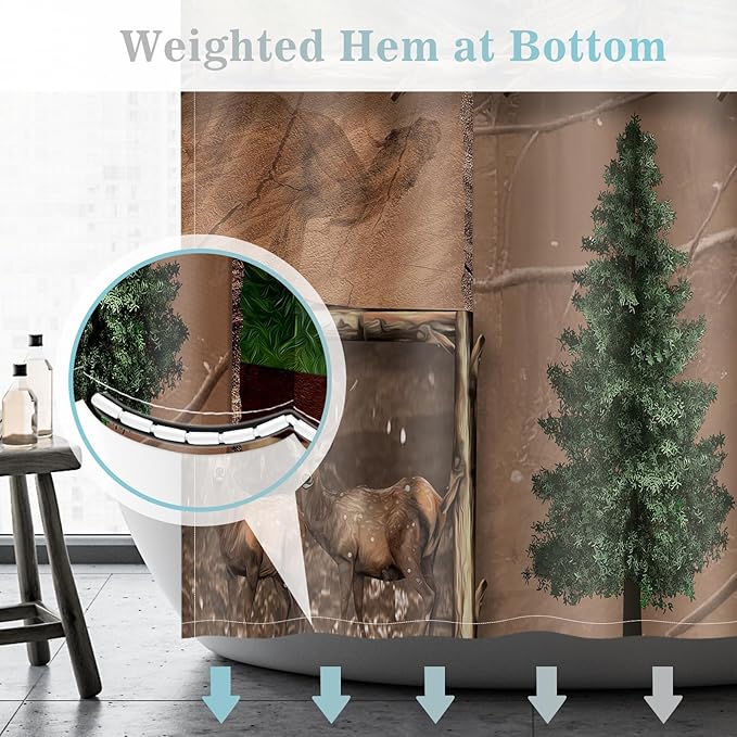 Aimego Farmhouse Cabin Shower Curtain - Rustic Western Brown Bear Deer Forest Plaid Check Moose Country Vintage Fabric Cloth Bath Shower Curtain Set with 12 Hooks for Bathroom Decor, 72"x72"