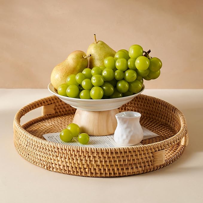 JUNGLE CULTURE Rattan Serving Tray 12" in Natural Honey • Woven Serving Trays with Handles for Home • Round Decorative Circle Table Tray • Boho Wicker Serving Basket for Ottoman, Coffee Table, Couch