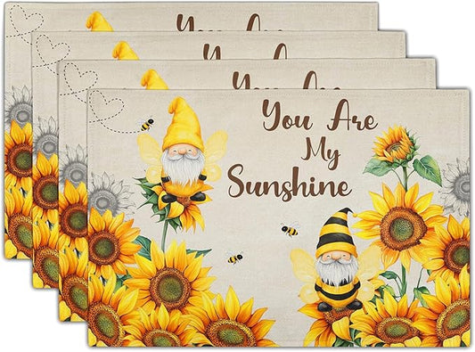 Giwawa Bee Gnomes Placemats Set of 4, 12x18 Inch Vintage Summer Sunflowers Linen Place Mat, Sunshine Floral Heat Resistant Washable Table Mats Kitchen Dining Seasonal Farmhouse Decor