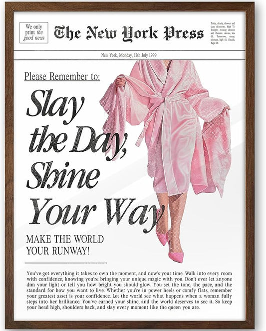 iHery Natural OAK Wood Retro Vintage Pink News Walnut Color Framed Wall Art, 12x16 in Slay the Day Shine Your Way Canvas Wall Decor, Trendy Newspaper Art For Bedroom Bathroom Living Room 1Pack