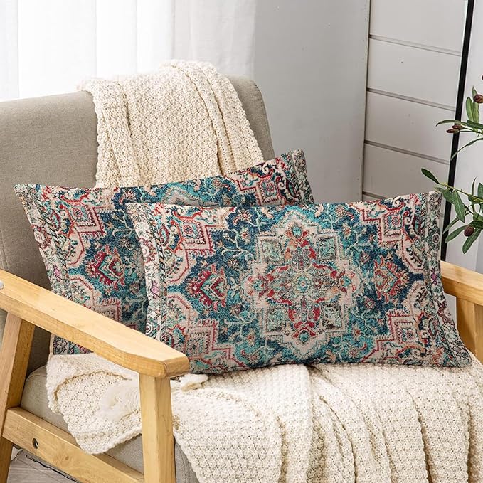 Boho Throw Pillow Covers 12x20 inch Set of 2,Boho Vintage Carpet Pattern Antique Ethnic Decor Double Sided Pattern Cushion Cover Soft Pillow Case Living Sofa Room Bed Square Pillow Cover