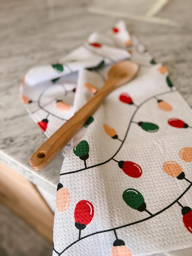 || 3 Pack|| Double Sided Dish Towels || Waffle Weave Microfiber || Highly Absorbent || Hanging Loop || Dish Cloths || Modern || Designer Prints || Lights (Christmas Lights red and Green)