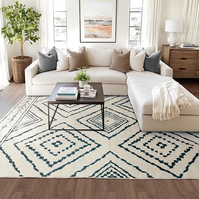 Area Rug 9x12 Rug Machine Washable Non-Slip Low Pile Print Pattern Western Rug for Living Room Bedroom Entryway Tribal Series -Navywhite/Black